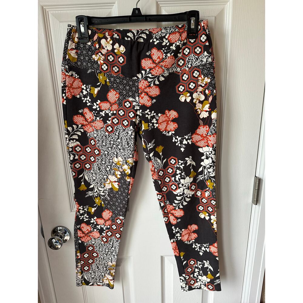EUC Boho Japandi Asian Print Ponte Knit Ankle Leggings Size PM Artsy Geometric